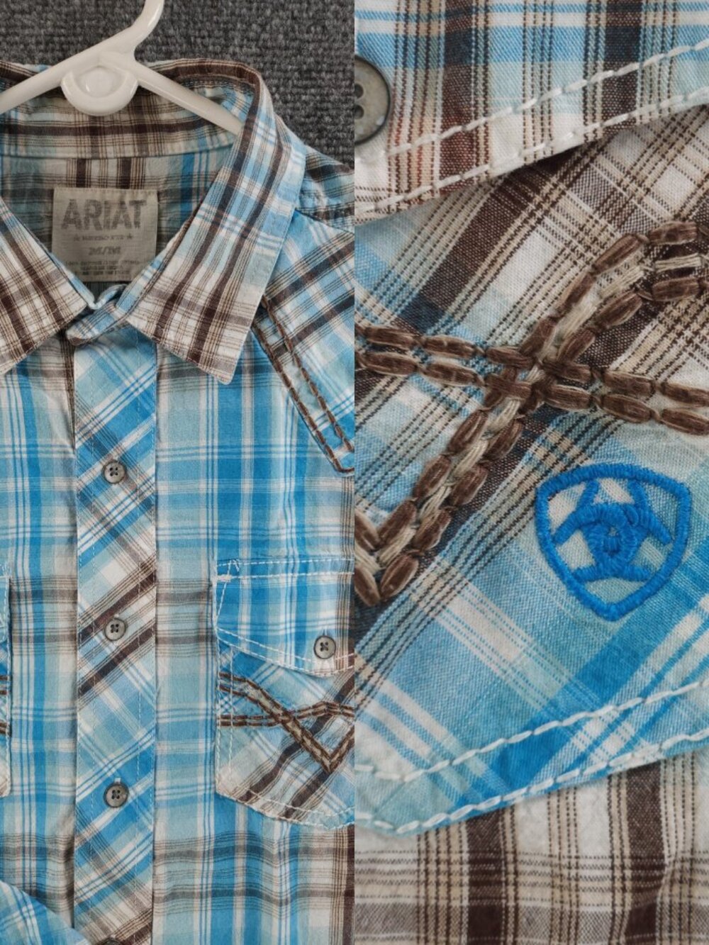Ariat Cotton Medium Plaid Blue Long Sleeve Cowboy Shirt Button Up Pocket Mens